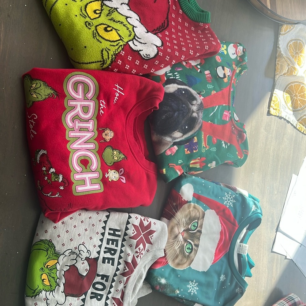 5 Christmas sweatshirts. Girls size medium and large.